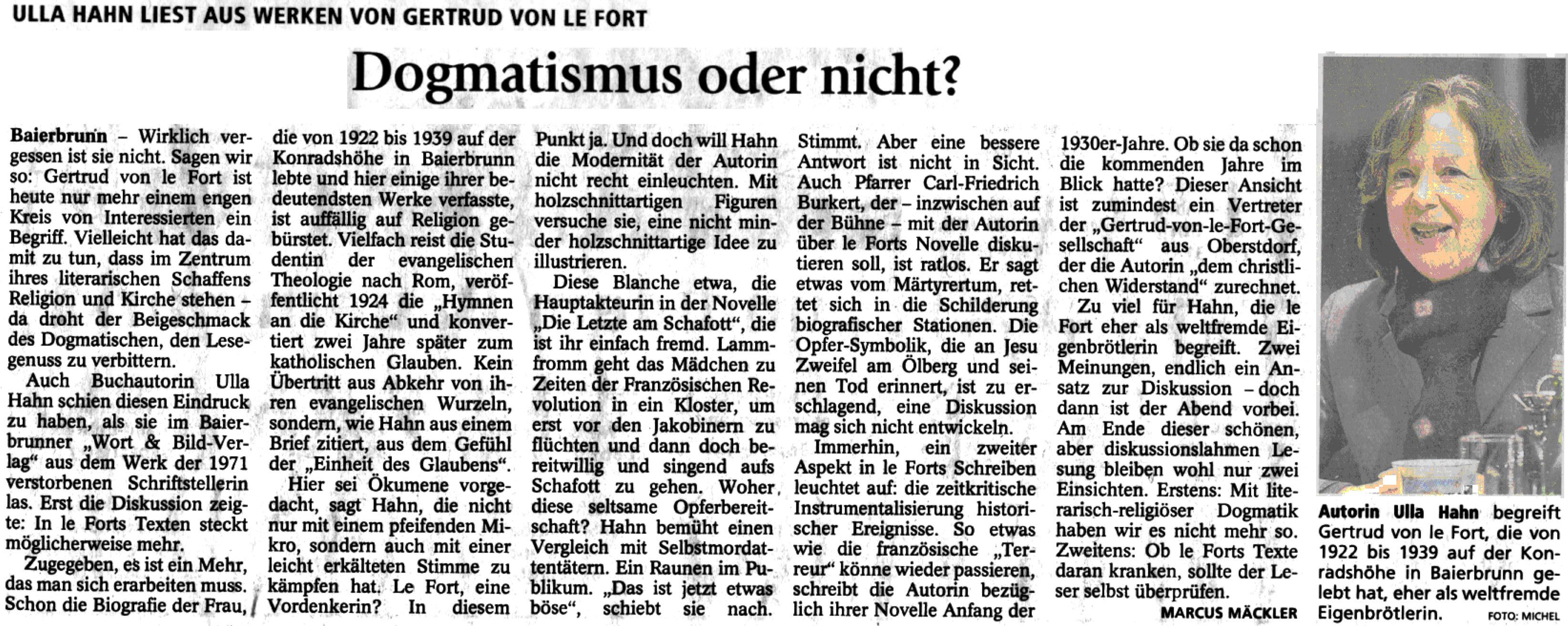 Pressestimmen über die Literaturgesellschaft Gertrud von le Fort e. V.